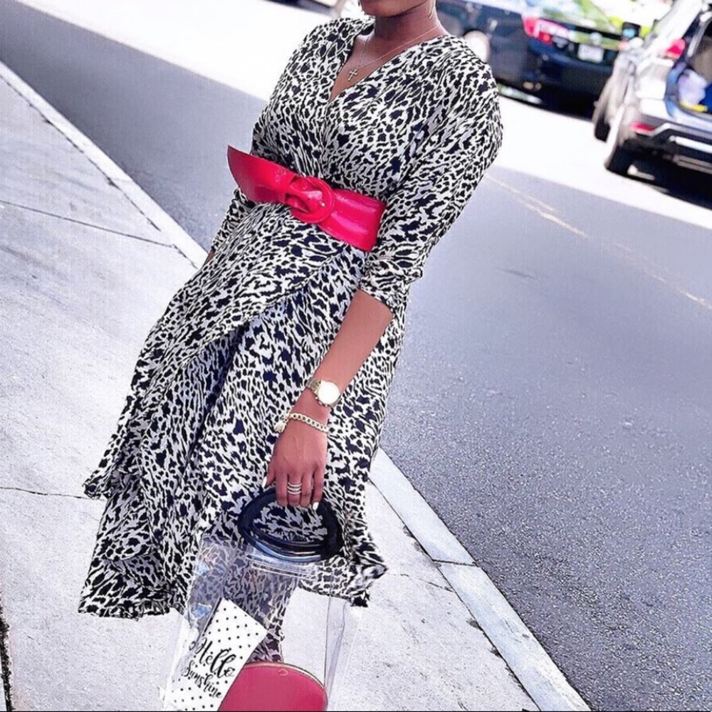 Black animal print wrap midi dress with ruffle